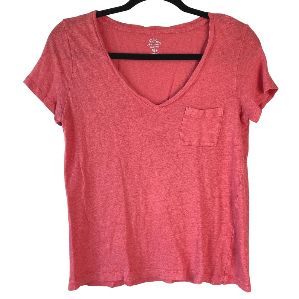 J Crew Womens 100% Linen V Neck Pocket Tee S Coral Short Sleeve L7820 Coastal